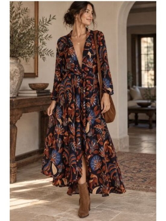 FARM Rio Dresses & Skirts - Farm Rio Faux Wrap Maxi Dress Tiger Jungle Floral Animal Print Boho L Art Fairy